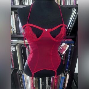 Escanté Chic Red Lace Bustier with Heart Accent comes with red thong